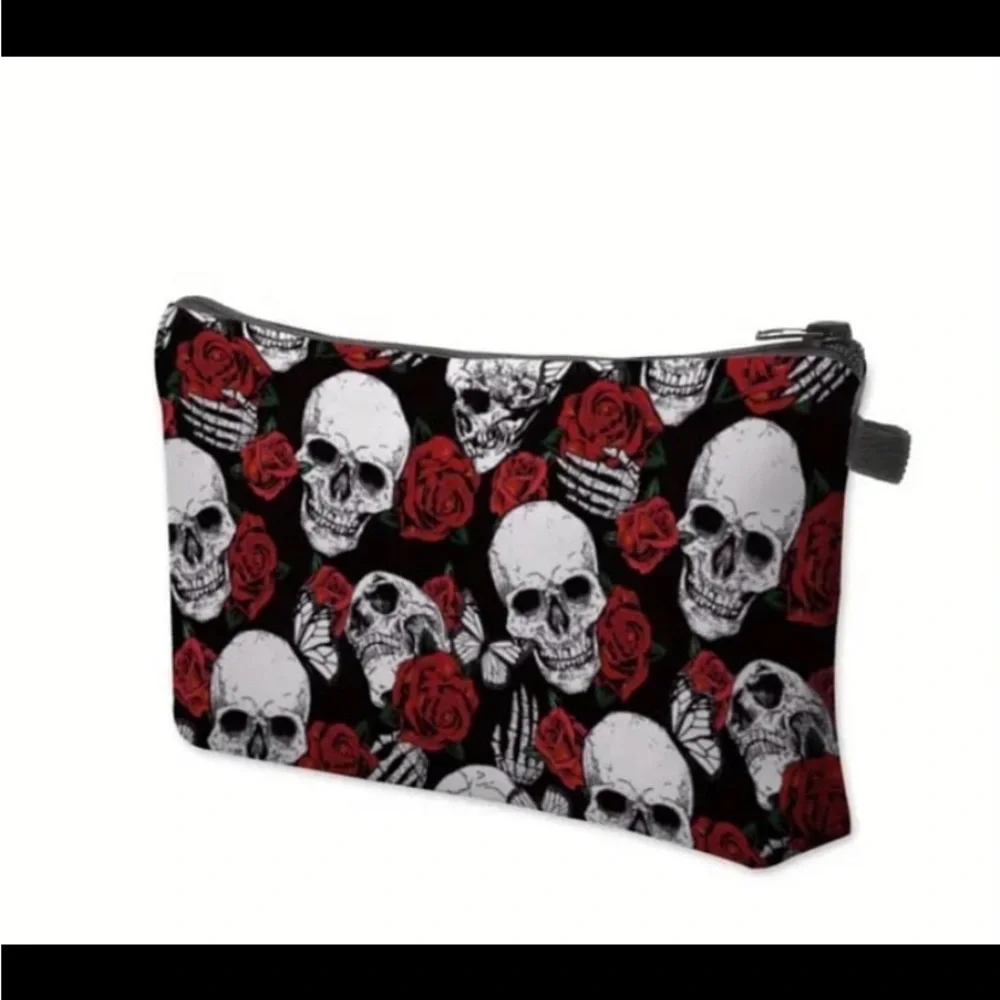 New! 3D Printed Skull And Rose Pattern Cosmetic Bag, Waterproof Makeup Pouch